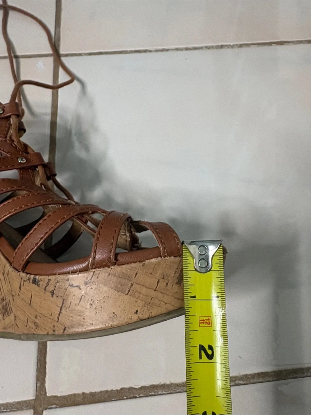 Brash Brown Lace-Up Cork Wedge Sandals. Size  8